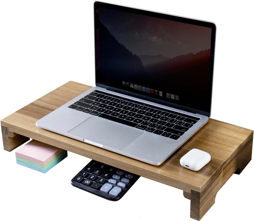 MyGift Premium Acacia Solid Wood Desk Monitor Stand, Laptop Riser & Keyboard Storage – Wooden Desktop Organizer for Screen Display and Workspace Organization