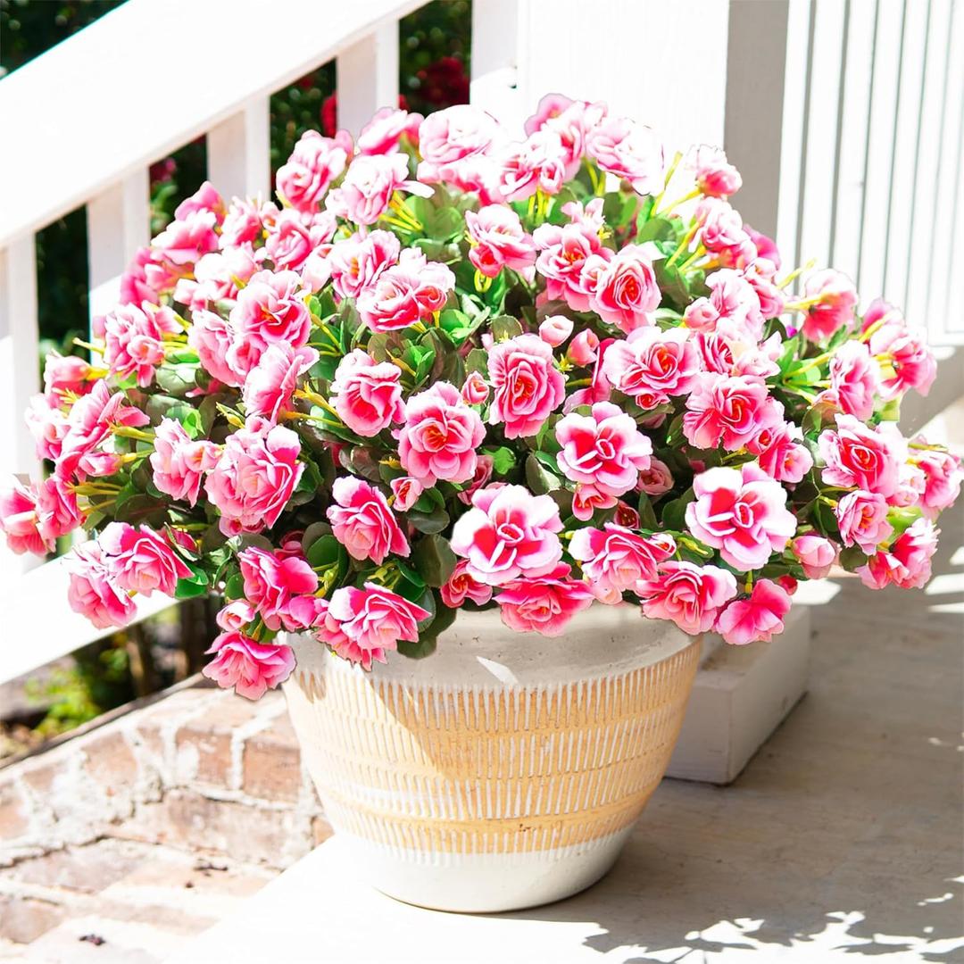 HyeFlora Artificial Faux Outdoor Flowers Plants for Spring Summer Decoration, Fake Silk Camellia UV Resistant Look Real for Planter Outside Front Door Porch Patio Balcony, 3 Large Bundles (Pink)