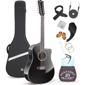 ALLSET 12 String Guitar | Acoustic Electric 12 String |42" Full Size Guitar for Beginner/Adult Fingerstyle | Spruce Top Cutaway | Gig Bag, AUX Strap,Strings,Strap|Gloss Black Finish | A12-BK