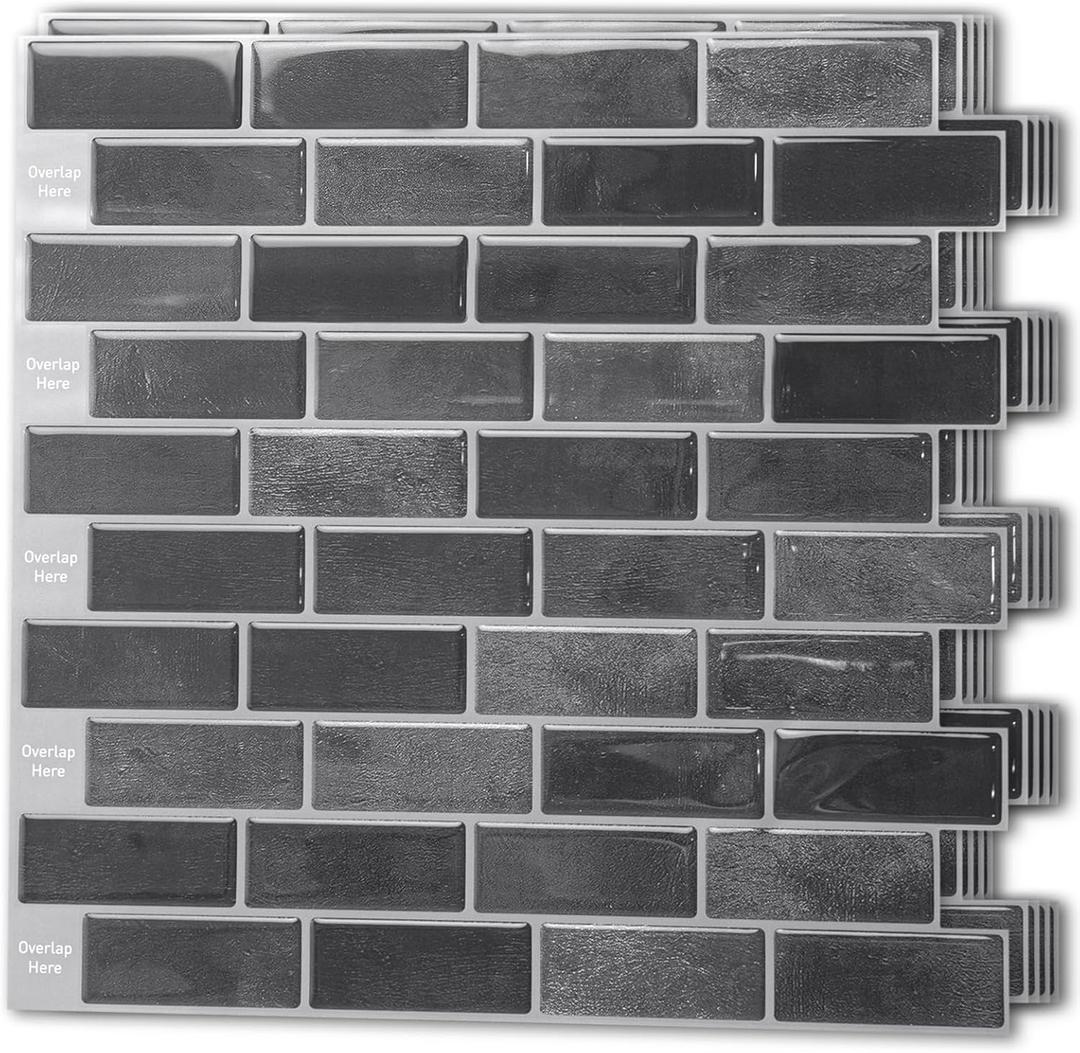 Art3d 10-Sheet Kitchen Backsplash Tiles Peel and Stick, Self Adhesive Wall Tile Sticker for Kitchen Island Bathroom Laundry Room RV Renter 12" x 12" - Smoky Black