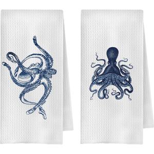 Coastal Octopus Kitchen Towels Set of 2, Coastal Beach Dish Tea Towels for Kitchen Decor, Blue and White Beachy Decorative Hand Towels, Octopus Bathroom Decor, 16x24 Inches