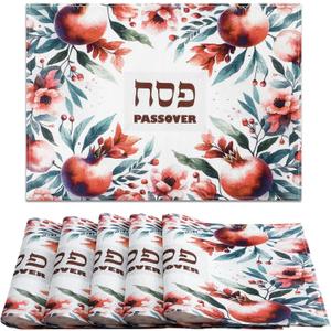 Blushtier 6 Pcs Happy Passover Placemats Washable Seder Matzo Table Mats Pesach Decorations Durable Non Slip Heat Resistant Table Mats for Kitchen Dining Room Home, 12 x 18 Inch (Pomegranate Flower)