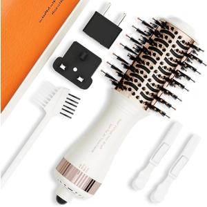 4-in-1 Travel Dual Voltage Hair Dryer Brush Blow Dryer Brush,Portable 2 inch Mini Hot Air Brush,Travel Hair Styler/Volumizer/Straightener/Curler,110-240V European Blow Dry Brush with EU&UK Plug (White & Rose Gold)