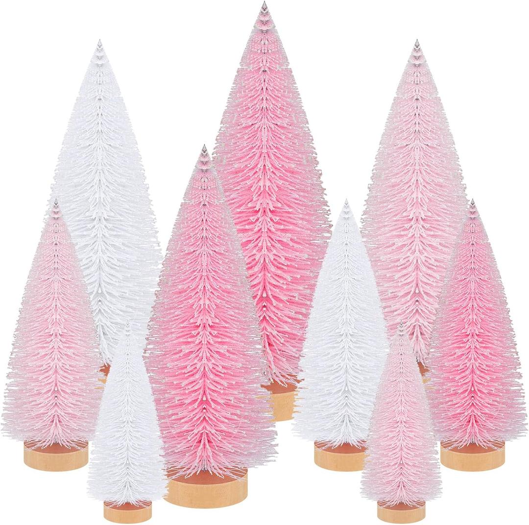 Leyndo 9 Pcs Pink Color Mini Sisal Bottle Brush Trees Small Artificial Christmas Tree with Wood Base Christmas Pine Decor for Home Table Holiday Party Decor
