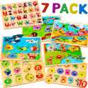 7 Pack Wooden Puzzles for Toddlers 2 3 4 5 Years Old - 7 Colorful Chunky Wood Peg Puzzles for Kids Ages 2-5, Alphabet Shape Numbers Fruits Sea Animals Dinosaur Zoo - Educational Toddler Learning Toys