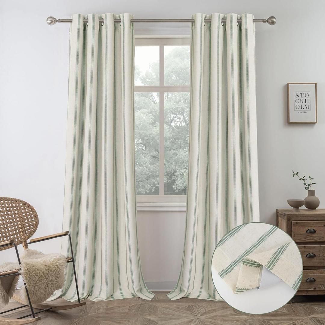 DriftAway Farmhouse Linen Blackout Curtains 96 Inches Long for Bedroom Striped Double Layer Thermal Insulated Sound Reducing Lined Grommet Rustic Drapes for Living Room 2 Panels W52 x L96 Loden Green