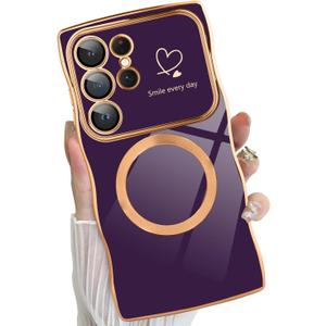 Fiyart Cute Magnetic Wave Frame Curly Shape for Samsung Galaxy S24 Ultra Case with Screen Protector, Luxury Plating Shockproof Phone Case for Women Girls for Samsung Galaxy S24 Ultra,Dark Purple