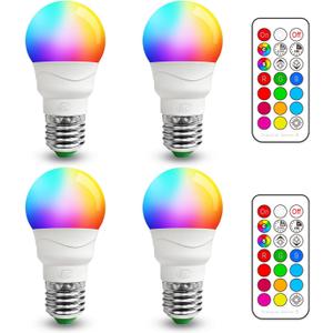 ILC RGB LED Light Bulb, Color Changing Light Bulb, 40W Equivalent, 450LM, 2700K Warm White 5W E26 Screw Base RGBW, A15 Color Lights Bulb - 12 Color Choices - Timing Infrared Remote Control (4 Pack)