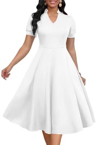 MarryUP White Dress Women Vintage Puff Sleeve V Neck Casual Semi-Formal Cocktail Party A-Line Swing Church Dress White L