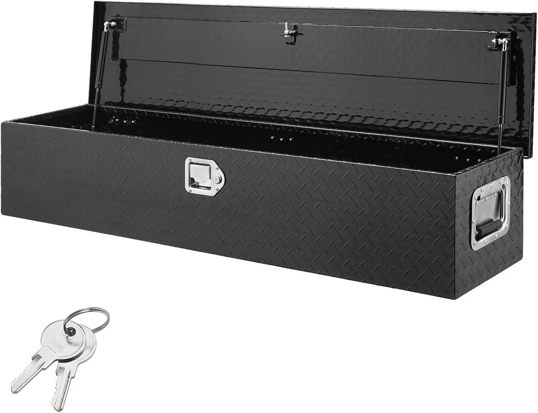 VEVOR Heavy Duty Aluminum Truck Bed Tool Box, Diamond Plate Tool Box with Side Handle and Lock Keys, Storage Tool Box Chest Box Organizer for Pickup, Truck Bed, RV, Trailer, 48"x15"x15", Black
