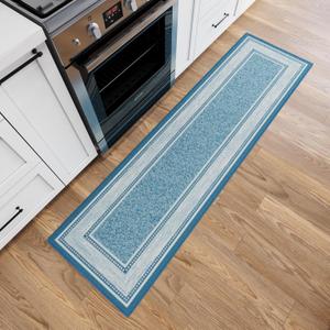 Ottomanson Runner Rug 1'10" x 7' Non Slip Rubber Backed Kitchen Rug for Sink Area, Hallway Carpet Runner, Low Pile Indoor Runner Rug for Laundry Room and Entryway, Border Blue