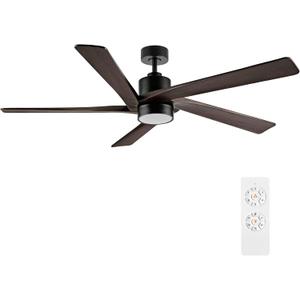 WINGBO 64 Inch DC Ceiling Fan with Lights and Remote Control, 5 Reversible Carved Wood Blades, 6-Speed Noiseless DC Motor, Modern Ceiling Fan in Matte Black Finish with Walnut Blades, ETL Listed