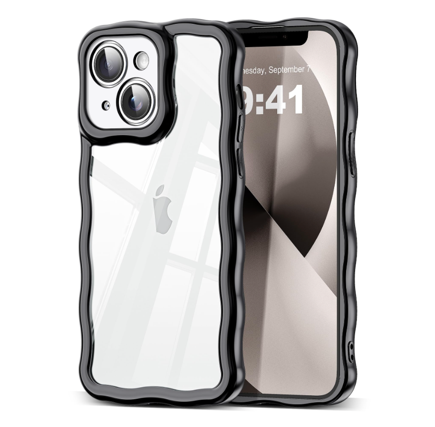 5 x SKYLMW Compatible with iPhone 13 Case, Kawaii Cute Curly Wave Frame Luxury Plating Edge, Stylish Glossy Clear Back, Soft TPU Shockproof Protective Cases for iPhone 13, Black