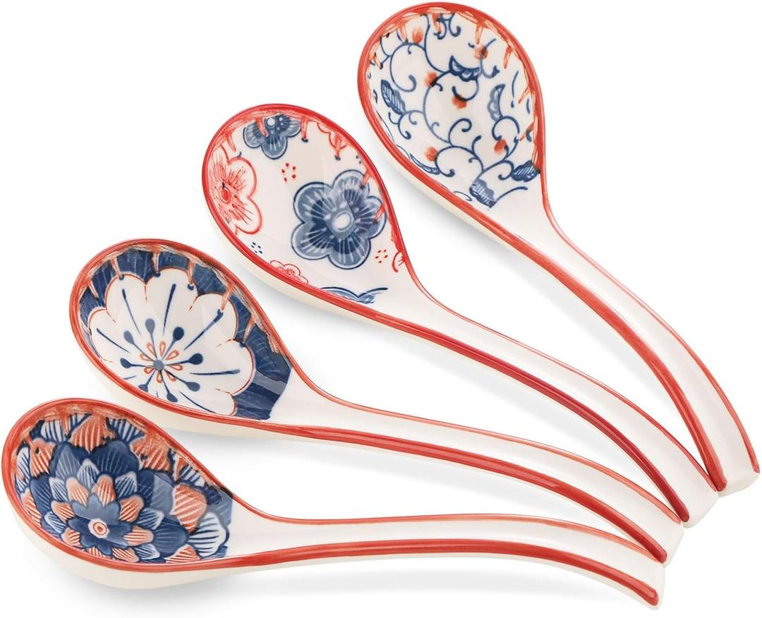WHJY Asian Soup Spoon, Ceramic Ramen Spoon, Ramen Soup Spoon, Chinese Ceramic Spoons, Miso Soup Spoons Dumpling - Set of 4 Flora