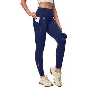 Heathyoga Fleece Lined Leggings Women with Pockets Water Resistant Thermal Leggings Winter Warm Yoga Pants Hiking Running (Medium, Blue)