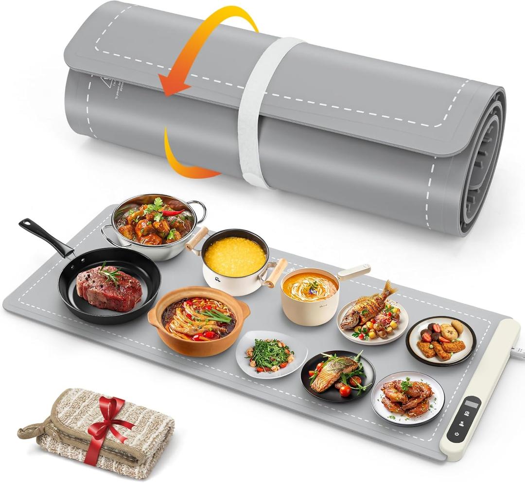 FYY Extra Large Warming Mat for Food - Rapid and Full Surface Heating, 6 Temp Settings, 6H Timer, Rollable Portable Food Warming Mat for Gatherings, Parties, Keep Meal Warm (XX Large Size, Gray)