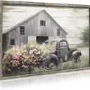 Rustic Framed Farmhouse Wall Art: Wooden Flower Truck Painting Country Barn Prints for Bedroom (24"L x 16"W, gray)