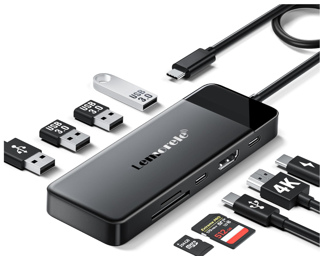 Lemorele 9-in-1 USB C Hub Multiport Adapter, USB C Dongle w/4K HDMI for MacBook Pro Air, 3 USB3.0 5Gbps and 1 USB2.0 Port, Type-C 3.0, 100W PD, SD/TF, Docking Station for Windows/iPad/Dell/HP/Lenovo