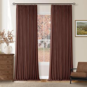 Brown Red Pinch Pleated Blackout Curtains 102 Inches Long for Bedroom 100% Black Out Thick Linen Dual Layer Pleated Drapes Farmhouse Country Terracotta Maroon 102 Inch Curtain for Dining Living Room