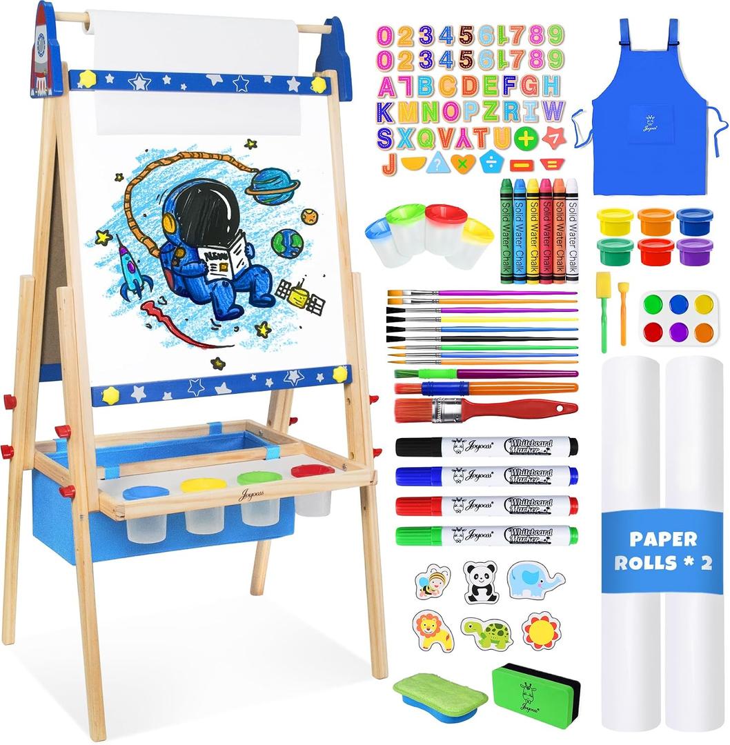 Joyooss Art Easel for Kids, Adjustable Standing Kids Easel with Magnetic Whteboard & Chalkboard, Magnetic Board for Kids Art Easel Kids with 2 Paper Rolls, Finger Paints, Letters & Numbers Magnets, 21.26 x 28.35 x 3.15 inches