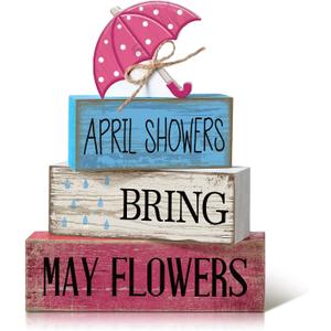 4 Pcs Spring Decorations for Home Wooden Umbrella Tiered Tray Decorations Spring Centerpieces for Tables Farmhouse Decorative Umbrella Faux Stack Block Sign for Home Shelf Decor