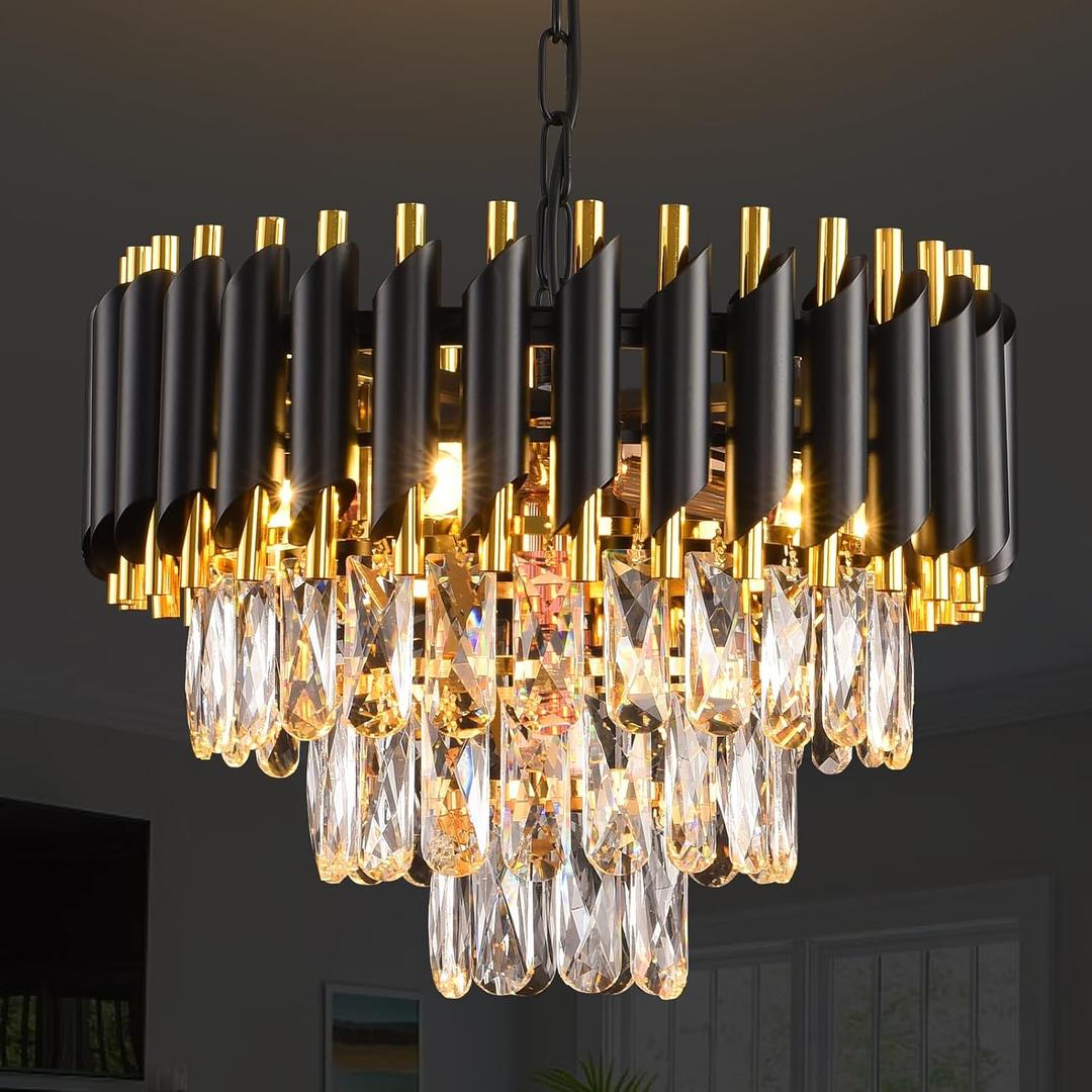 Modern Crystal Chandeliers 15.7Gold Contemporary Crystal Ceiling Lights Fixtures 3-Tiers 5 Lights Black Round Chandelier Pendant Light Fixtures for Entryway Living Room Dining Room Bedroom Foyer, W15.7in