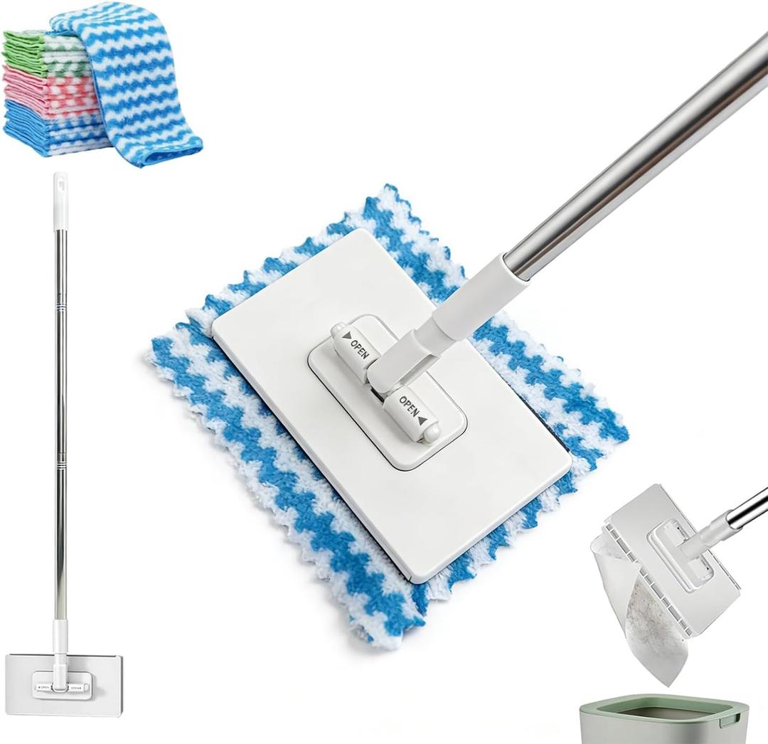 Snap Grip Mini Mop,2026 Upgraded Zero Touch Snap Grip Mini Mop,Cloth Changing MiniMop,Automatic Hands Free Push Pull Handle,Includes 1 MiniMop & 5 Reusable Cloths (White)