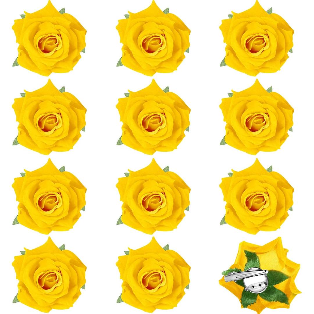 Yilloog 12 Pack Rose Hair Clip Flower 2.8'' Hairpin Floral Brooch Floral Hairclips Mexican Flowers Hairpin Party Supplies for Women Rose Hair Accessories Wedding Pack(Yellow)