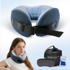 SPRFUFLY Soft Travel Pillow, 100% Memory Airplane Pillow with Sleep Mask and Ear Plugs, Breathable Removable Cover & Ergonomic Design - Essentials Neck Pillow for Airplane, Office & Home Use (Blue)
