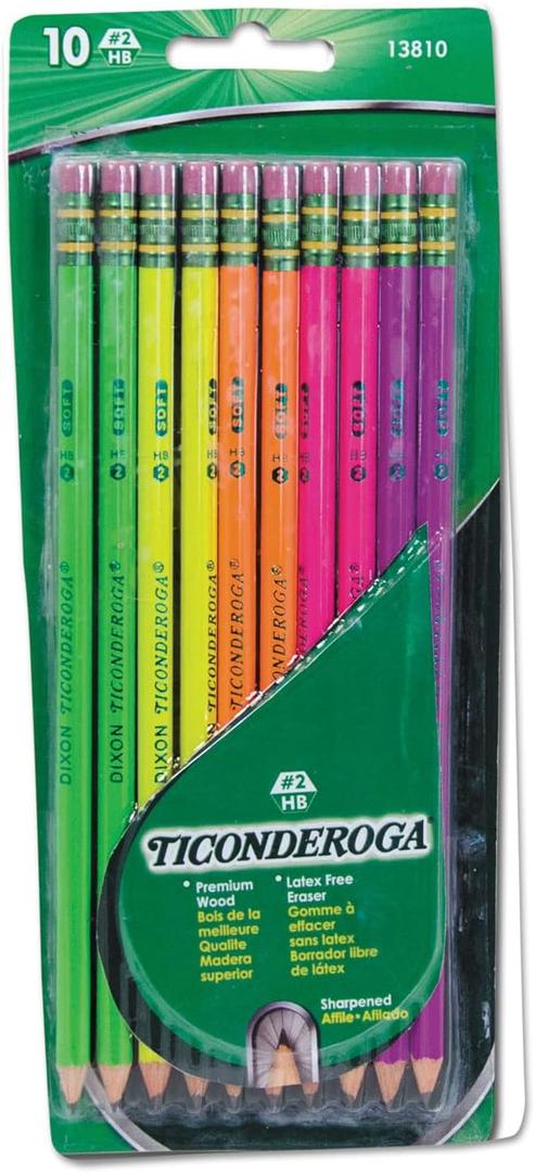 Ticonderoga 13810 Pre-Sharpened Pencil, HB, 2, Assorted Color Barrels, 10/Set