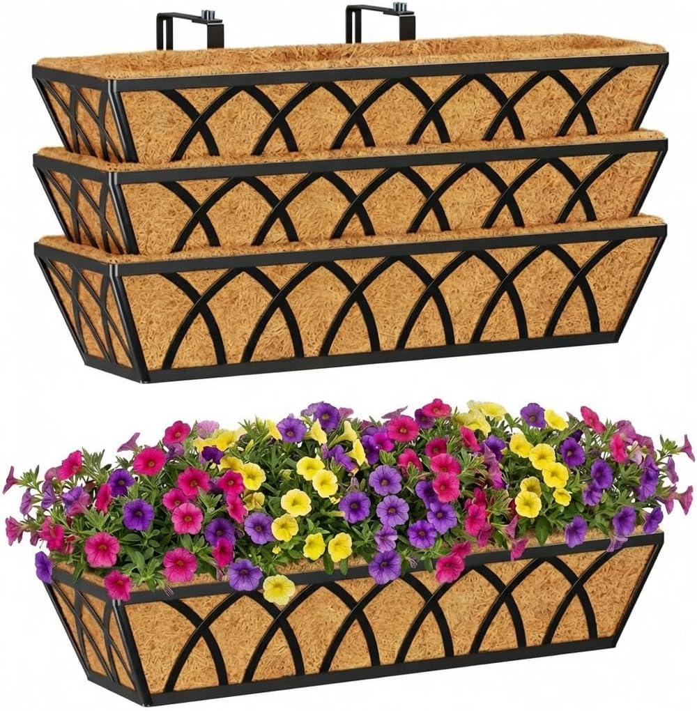 Y&M 4pcs 24 Inch Planter, Metal Window Boxes with Coco Liner, Indoor Outdoor Hanging Flower Planter for Garden, Lawn, Balcony, Porch, Fence, Patio Rail