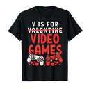 V is for Video Games Funny Valentines Gamer Boy Men Kids T-Shirt Gray, M