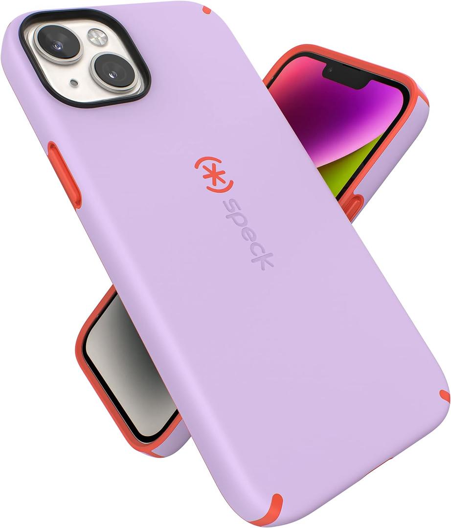 Speck iPhone 15 Plus & 14 Plus Case - Drop Protection, Scratch Resistant, Built for MagSafe iPhone Case with Soft Touch Coating - 6.7" iPhone, Dual Layer - Spring Purple/Energy Red CandyShell Pro