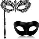 IncreDecor Couple Masquerade Mask with Holding Stick Venetian Metal Masks Halloween Mardi Gras Costume Mask for Women & Men (Classic Black)