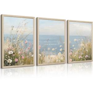 Coastal Wildflower Wall Art Beach Floral Canvas Wall Decor Vintage Coastal Landscape Pictures Ocean Flower Poster Summer Prints Seascape Painting for Living Room Bedroom 16x24 Inch Wood Framed 3Pcs