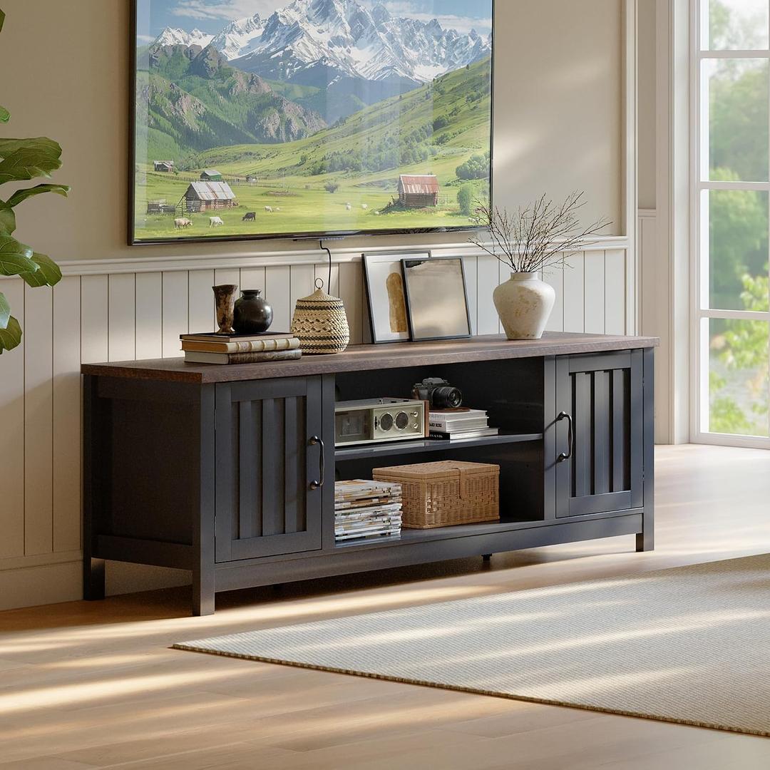 ChooChoo 54" Farmhouse TV Stand for TVs up to 65 inches, Entertainment Center with Storage Cabinets, Open Shelves and Fluted Door, TV Console Table for Living Room, Bedroom, Black