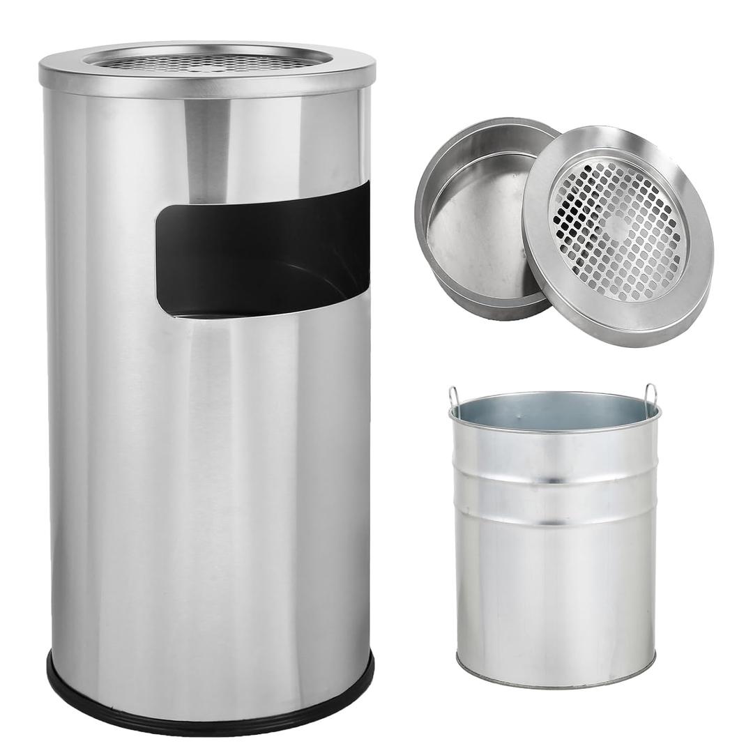 Outdoor Trash Can with Lid, Stainless Steel Garbage Can Commercial Silver Metal Round Waste Bin with Removable Inner Barrel for Patio Hotel Garden 11.8" x 24" (Sliver)