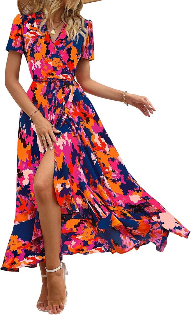 PRETTYGARDEN Women's Boho Floral Maxi Dress Summer Short Sleeve Wrap V Neck Long Flowy Beach Vacation Wedding Guest Dresses, M