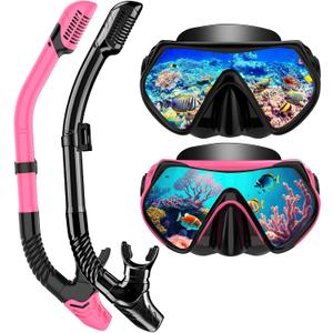 Snorkeling Gear for Adults, Snorkel Set Scuba Diving mask Dry-Top, Adult Swimming Goggles with Nose Cover, HD Tempered Glass Panoramic Anti-Leak Anti-Fog (Black+Pink)