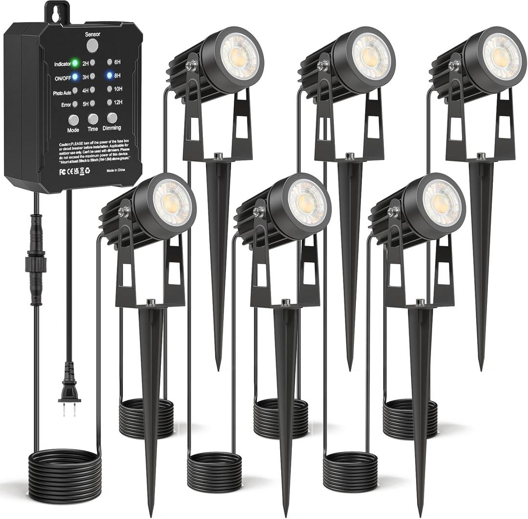 HIBOITEC Low Voltage Landscape Lighting with Transformer Photocell Sensor and Timer Spotlights Kit 52FT ETL Approved Wire Dimmable Waterproof 2700K for House Yard Trees Garden Plants Outdoor 6 Packs (Warm White)