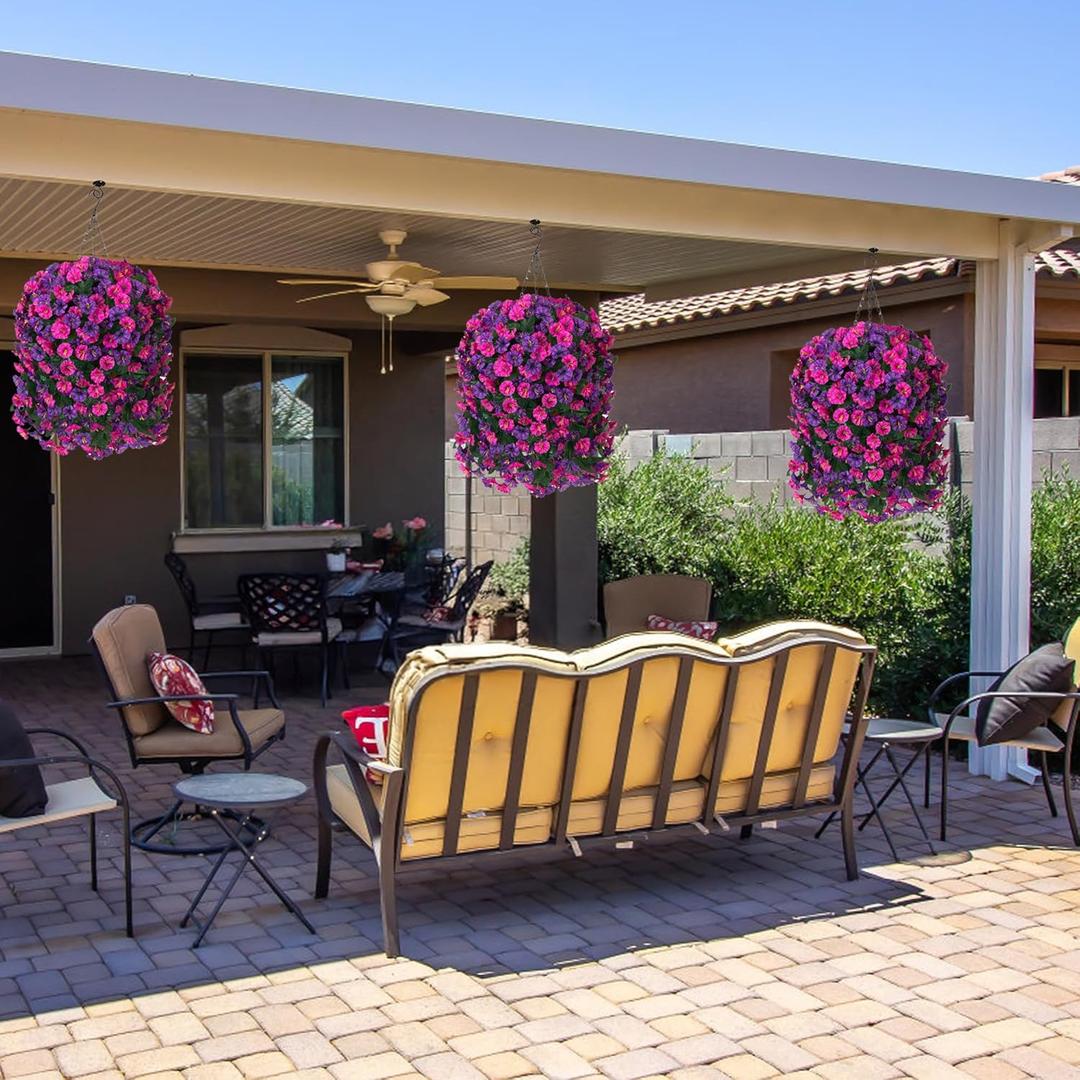 Artificial Fake Fall Hanging Flowers Plants Baskets for Outdoor Decoration, 5Pcs Faux Silk Hibiscus Long Vines in Planter UV Resistant Realistic Flower for Outside Home Porch Patio Garden, Pink Purple