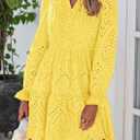 PRETTYGARDEN Women's Spring 2025 Long Puff Sleeve Mini Dress Hollow Out Lace V Neck A Line Ruffle Casual Party Dresses (Yellow, S)
