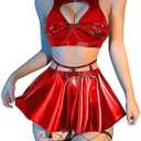 Lilosy Sexy Stocking Chocker Strappy Underwire O Ring Push Up Garter Belt Women Skirt 5 Piece (X-Large, Red)