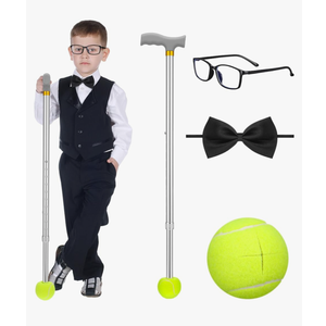 Geiserailie 4 Pcs Halloween Old Man Costumes Accessories Movie Old Pilot Set for Kids Include Telescopic Cane, Tennis Ball Feet, Black Bow Tie and Black Frame Glasses Set for Grandpa Film Cosplay
