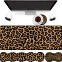 4 in 1 Mouse Pad Combo, Large Gaming Mouse Pad + Keyboard Wrist Support + Mouse Wrist Rest + Coaster, Table Pad with Stitched Edge Memory Foam Ergonomic Wrist Pad Set, Leopard Print