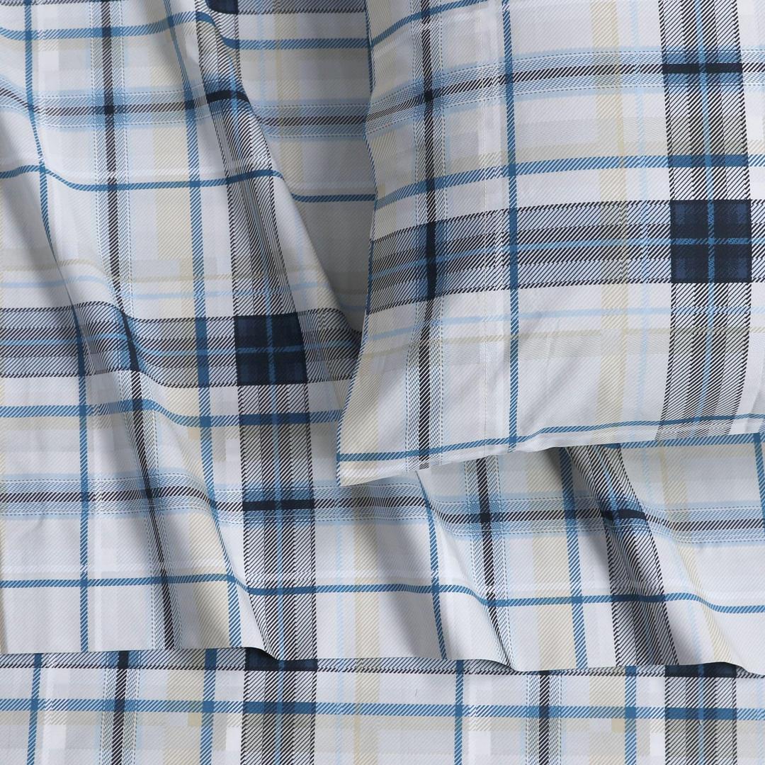 Tribeca Living Cotton Percale California King Size Bed Sheet Set, 300 Thread Count, Extra Deep Pockets, Printed Tribeca Plaid Multicolor