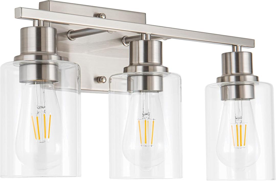 Bathroom Vanity Light Fixtures, 3-Light Brushed Nickel Bathroom Lights, Wall Sconces with Clear Glass Shade for Hallway Farmhouse Bedroom Living Room