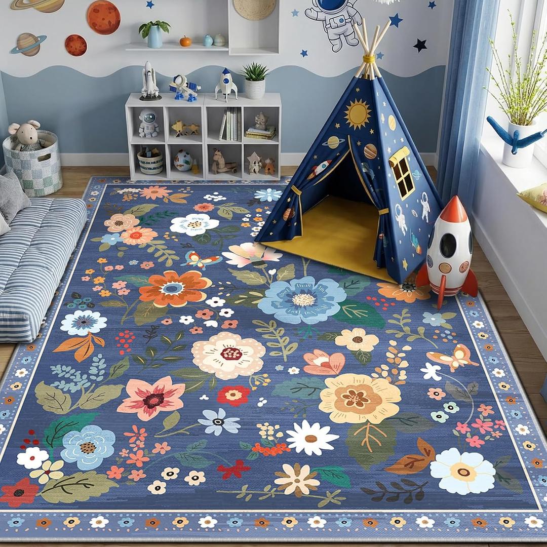 RELEANY Floral Nursery 6x9 Area Rugs Washable Print Boho Cute Carpet Non Slip Flower Low Pile for Living Room Kids Girls Playroom Bedroom Kitchen Office Farmhouse-Blue/Grey