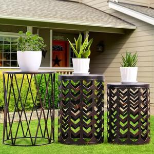 Y&M Set of 3 Black with Bronze End Tables, Nesting Metal Round Coffee Table, Heavy Duty Metal Plant Stand Garden Stool, Outdoor Multifunctional Use