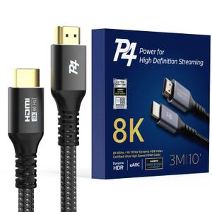 P4 Immerse Yourself in 8K Brilliance! 10FT Certified HDMI Cable 2.1 - Ultra High Speed, Braided, 8K@60Hz, 4K@120Hz, eARC, HDR10+, Atmos, HDCP 2.3, Apple TV, Roku, PS5, Xbox, Projector, Monitor